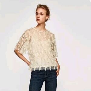 ZARA Ivory Sheer Mesh Feather Detail Short Sleeve Party Glam Holiday Blouse Sz S